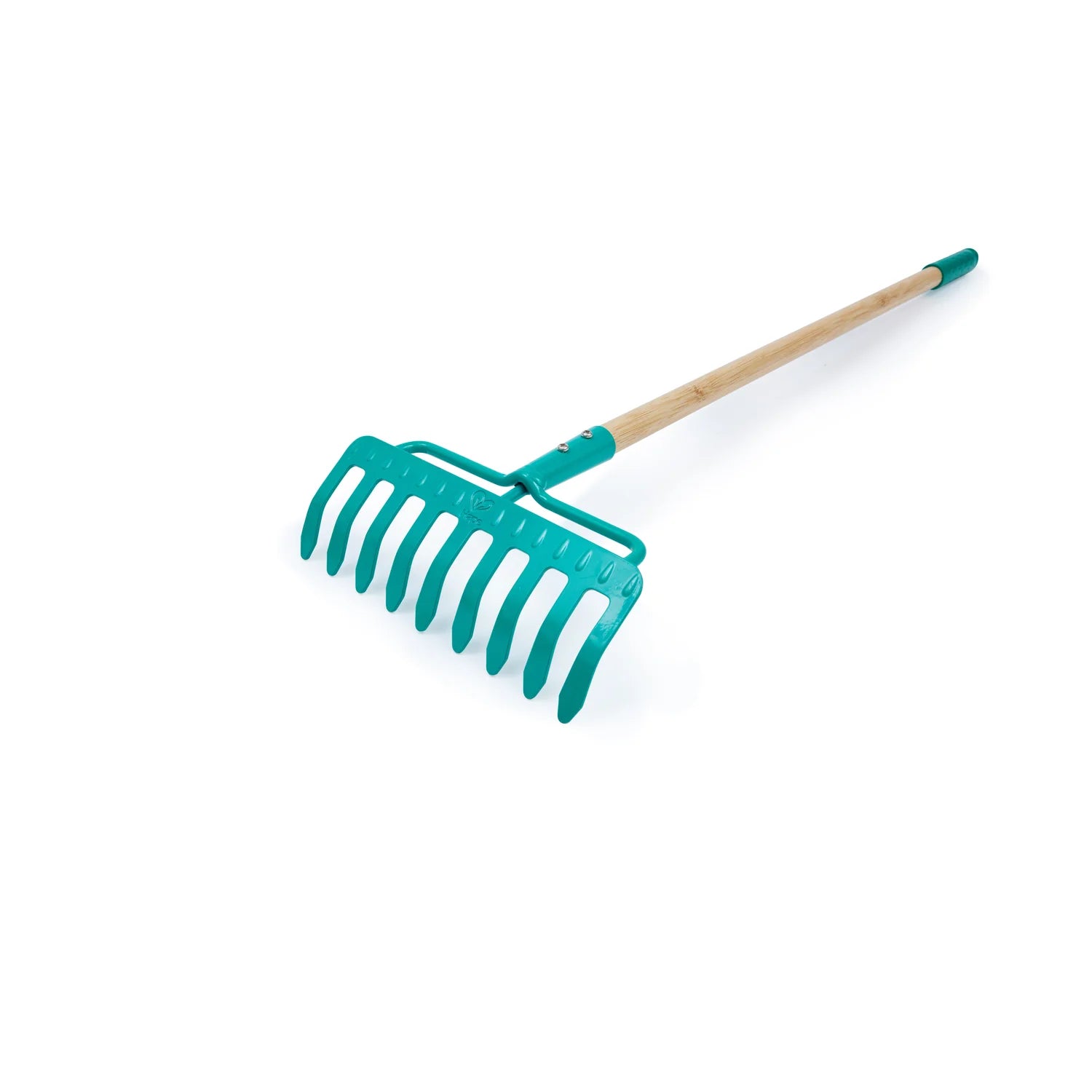 Gardening rake with green head and wooden handle on a white background