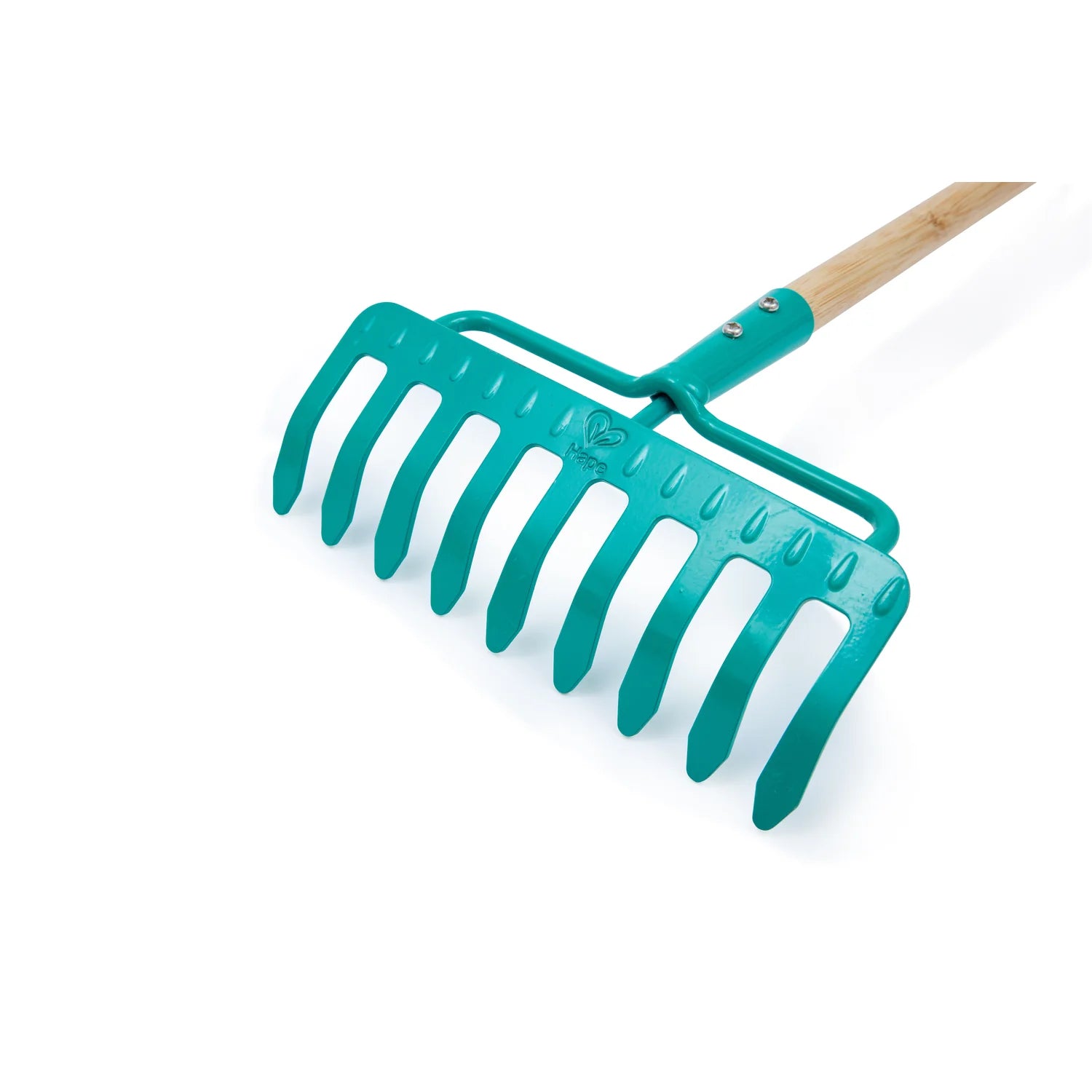 Green garden rake with wooden handle on a white background