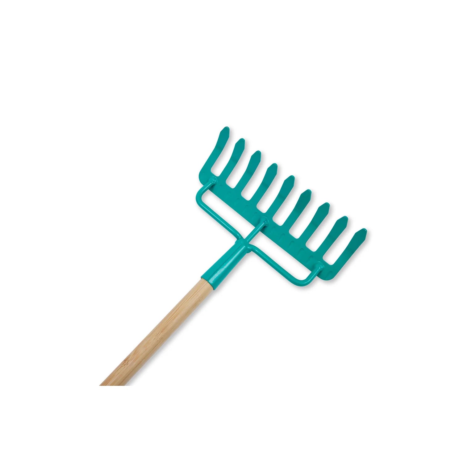 Green garden rake with wooden handle on a white background