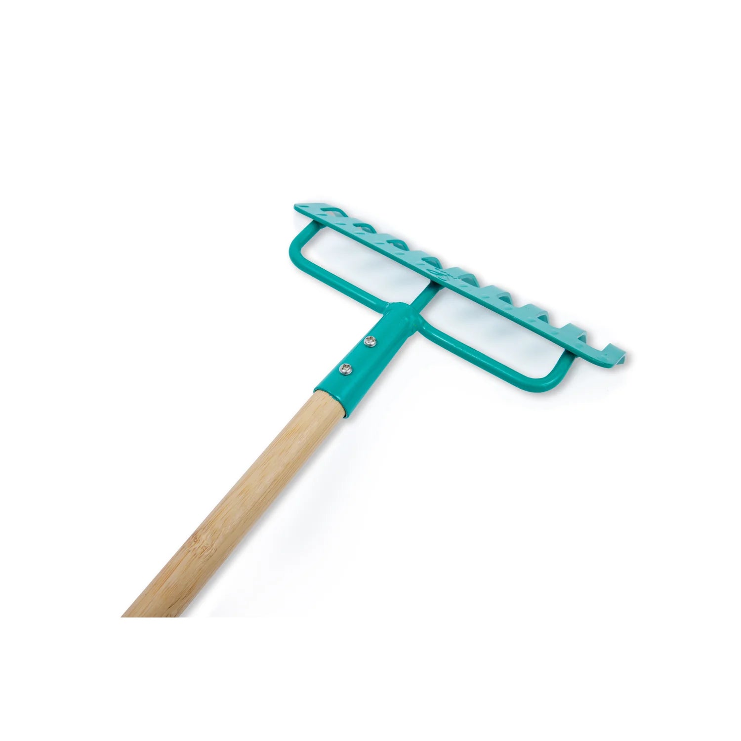 Teal window cleaning squeegee with wooden handle on a white background