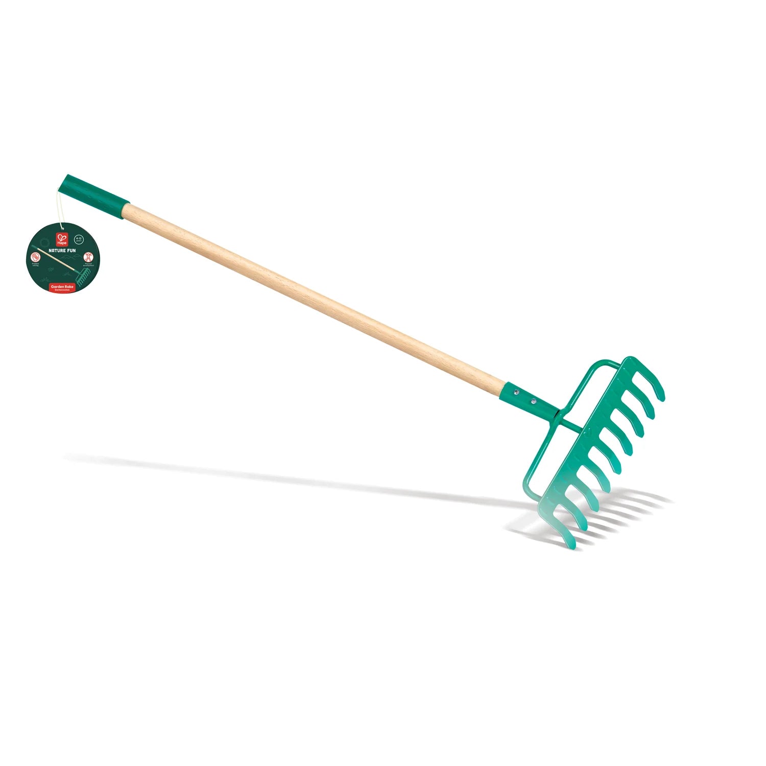 Green garden rake with wooden handle on a white background