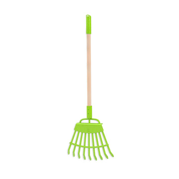 Green garden rake with wooden handle on a white background