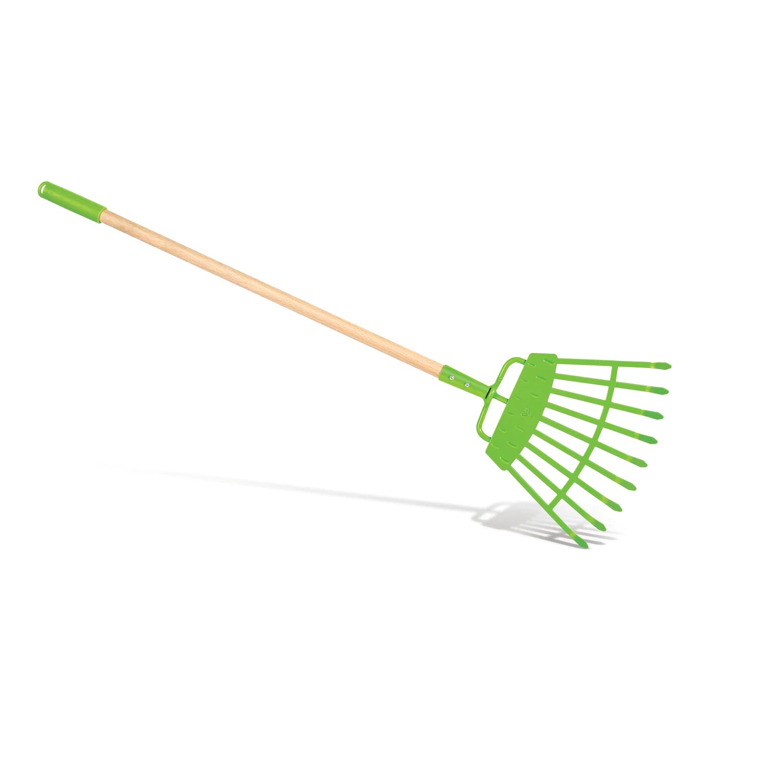 Green garden rake with wooden handle on a white background