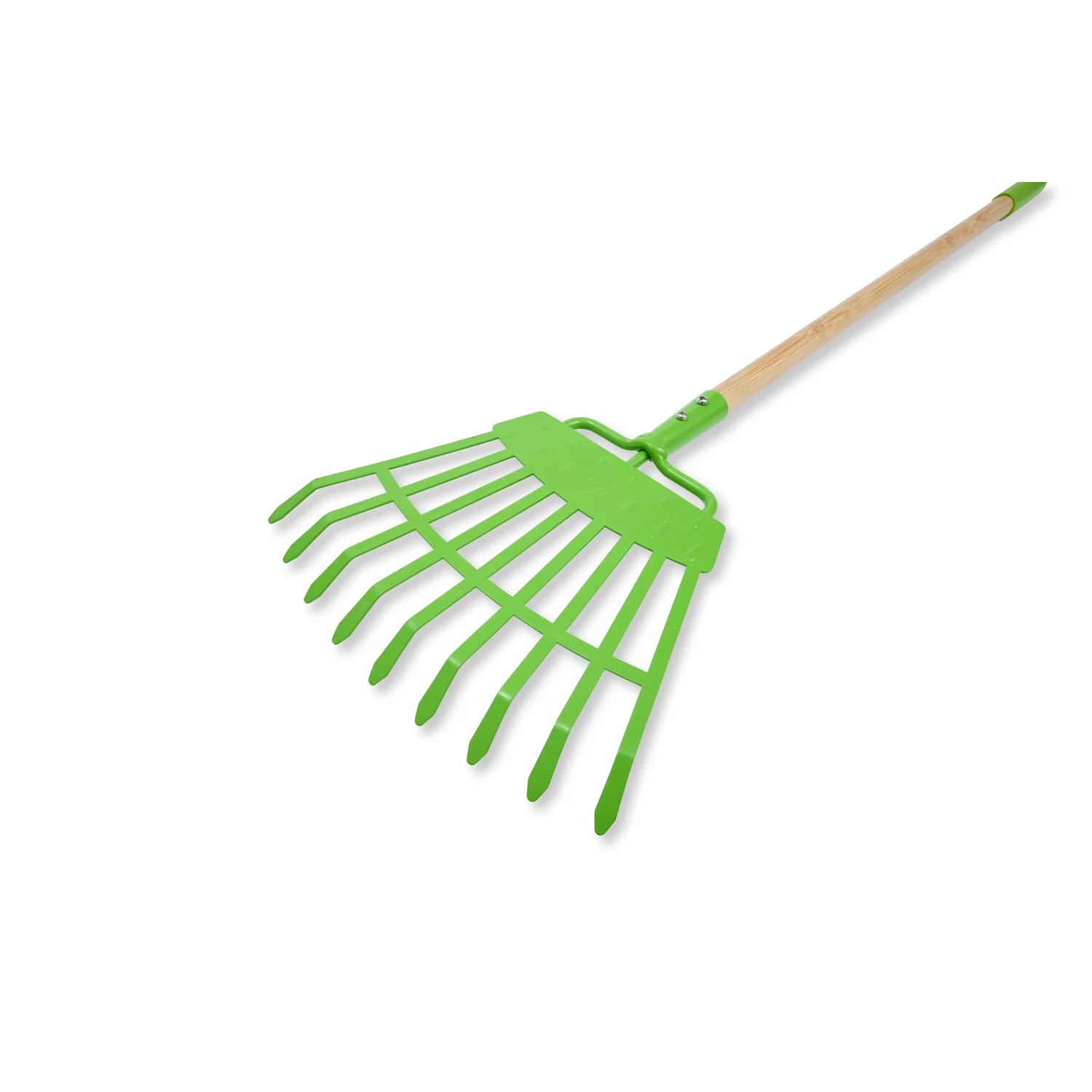 Green garden rake with wooden handle on a white background