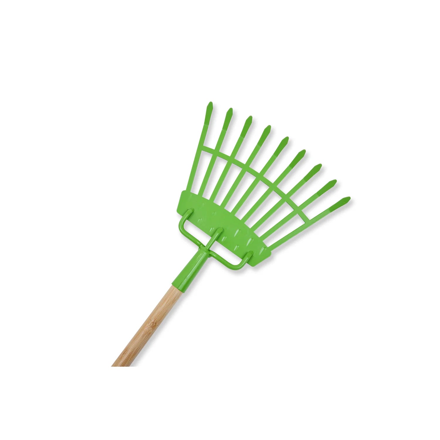 Green garden rake with wooden handle on a white background