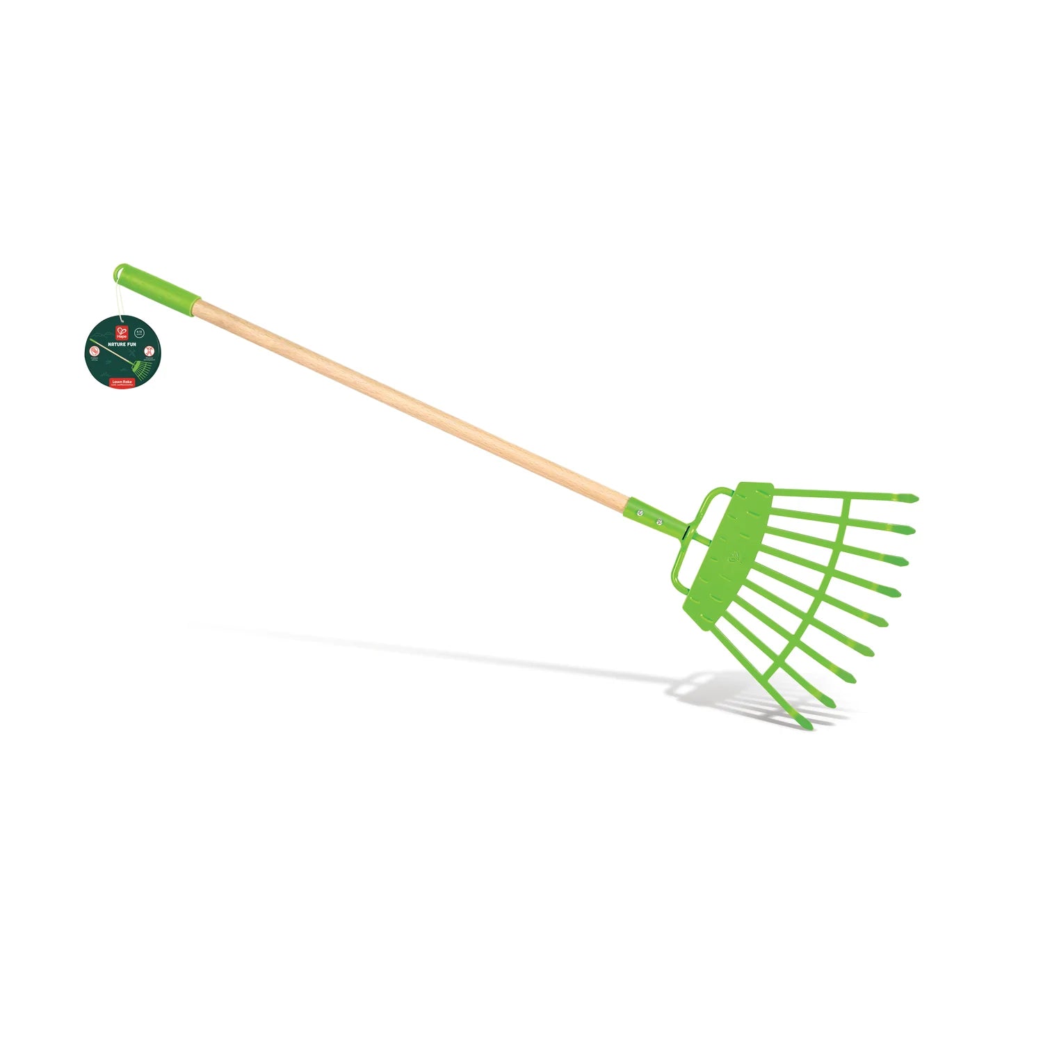 Green garden rake with wooden handle on a white background