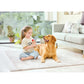 Child playing with a dog in a living room