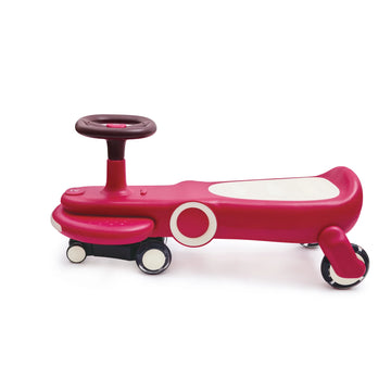 Pink and white toy car with a steering wheel on a white background