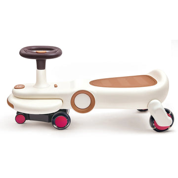 Children's toy car with a steering wheel and seat on a white background