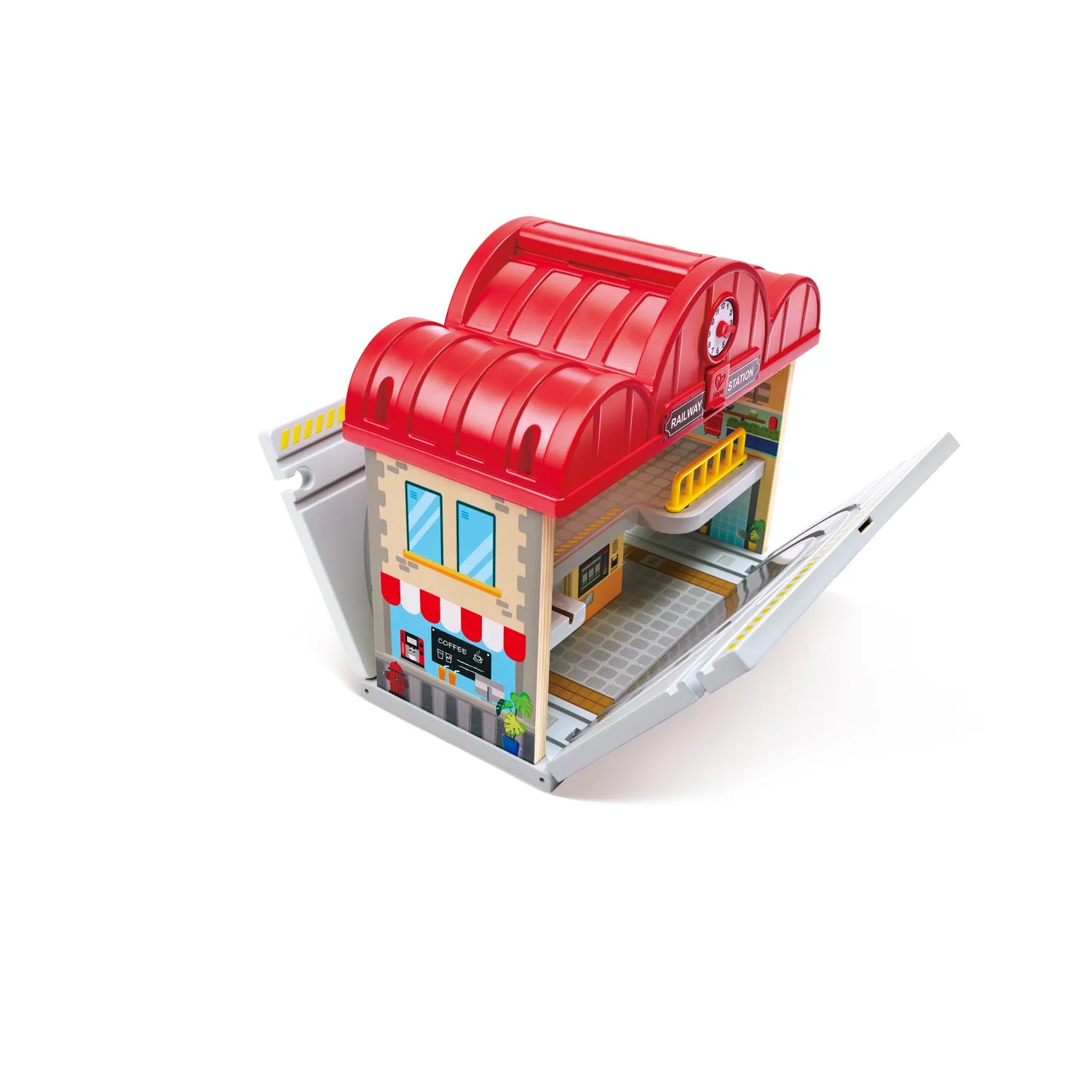 Toy store with a red roof on a white background