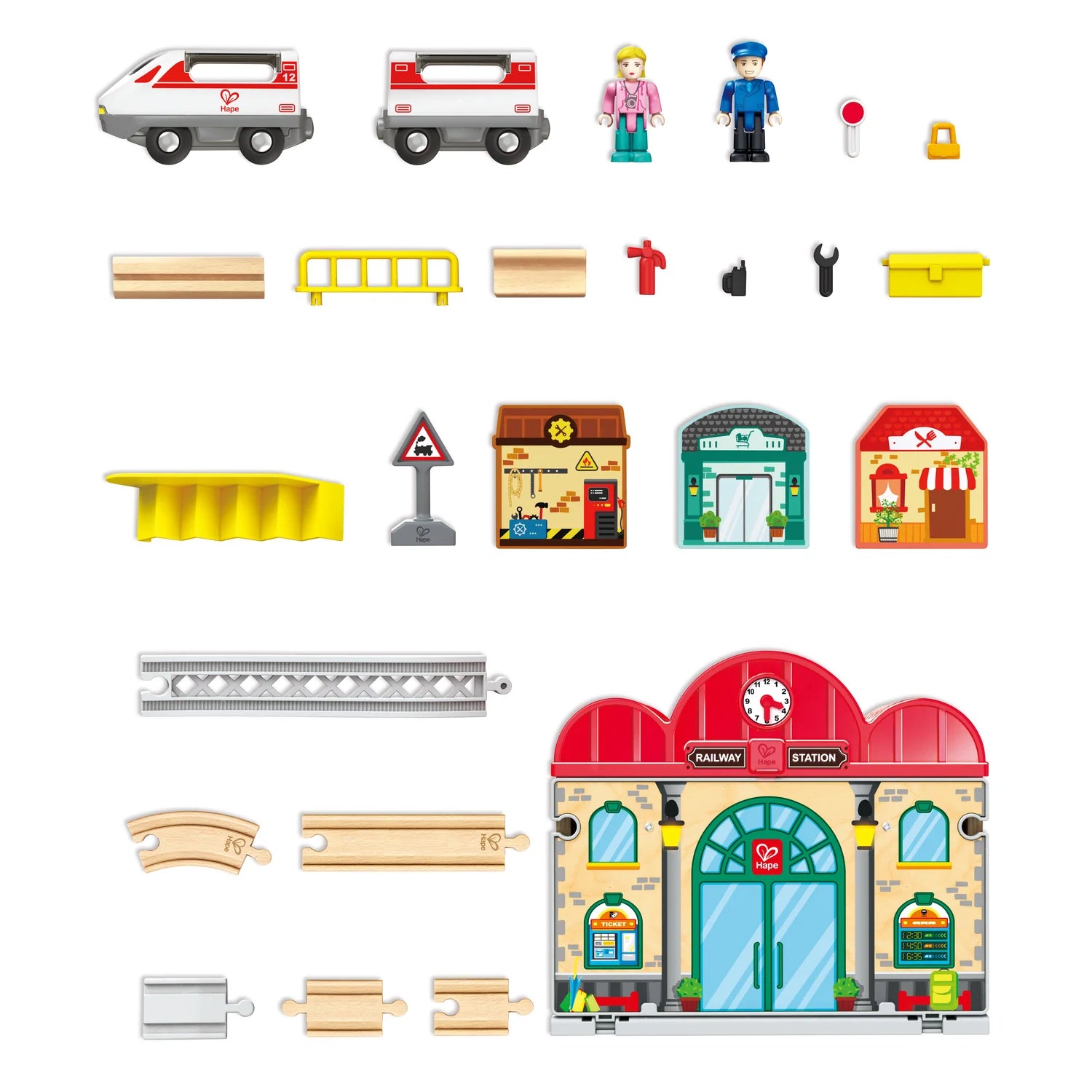 Collection of toy building blocks and accessories on a white background