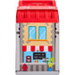 Toy building set with a red roof and coffee shop design on the front