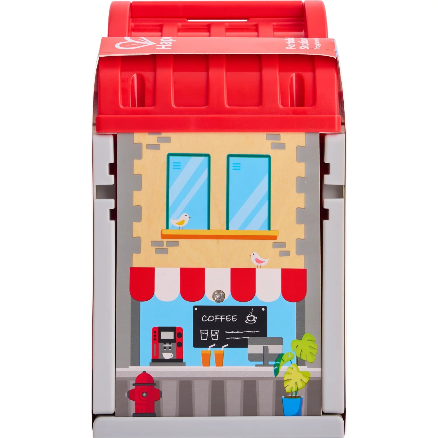 Toy building set with a red roof and coffee shop design on the front