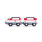 Model train set with two red and white cars on a white background