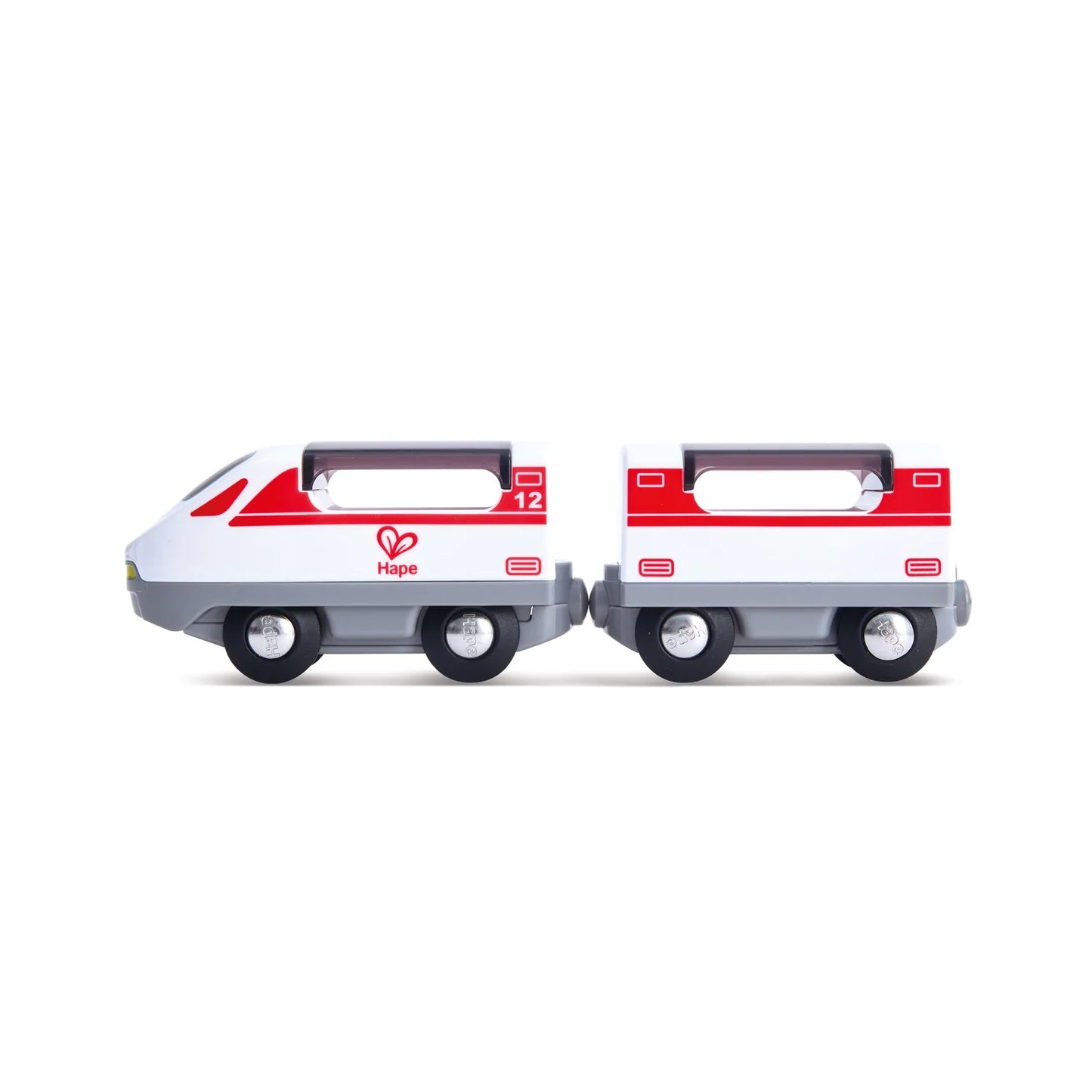 Model train set with two red and white cars on a white background
