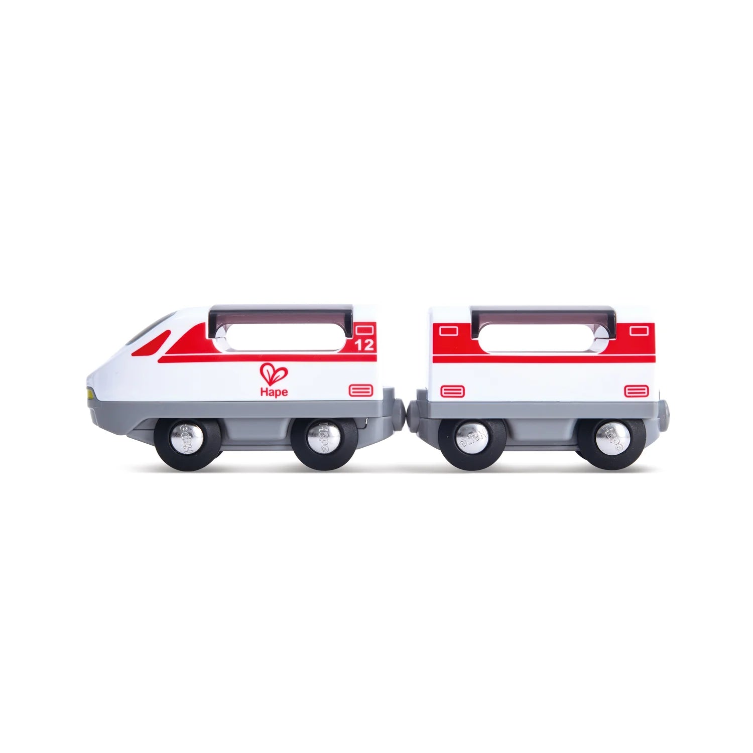 Model train set with two red and white cars on a white background
