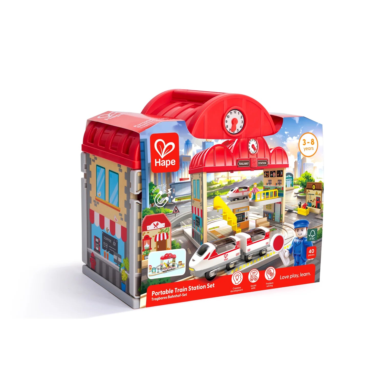 Hape Portable Train Station Set packaging on a white background