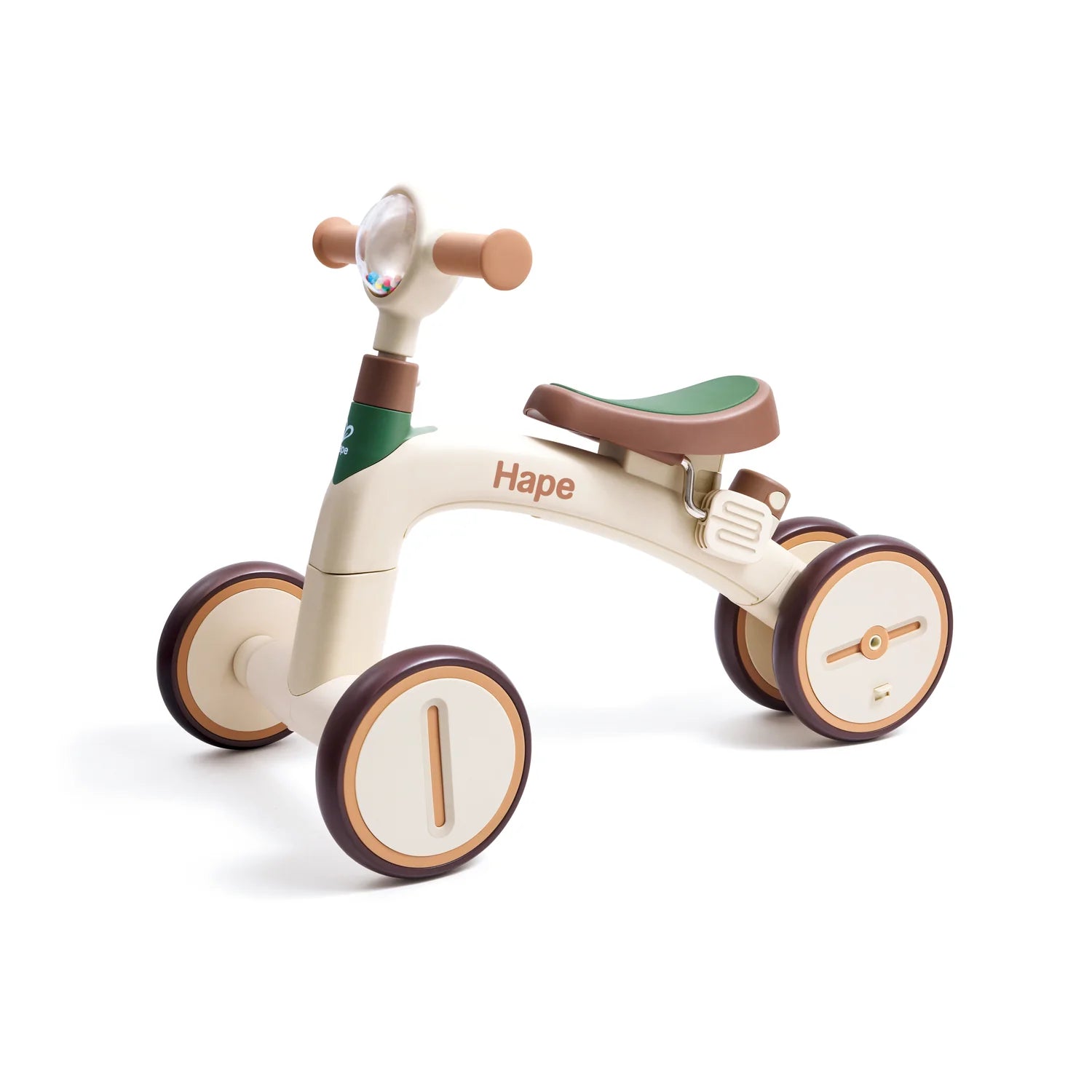Children's balance bike with seat and Hape branding on a white background