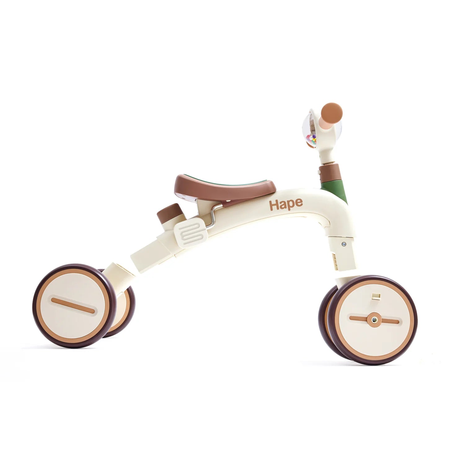 Children's balance bike with brown seat and wheels on a white background