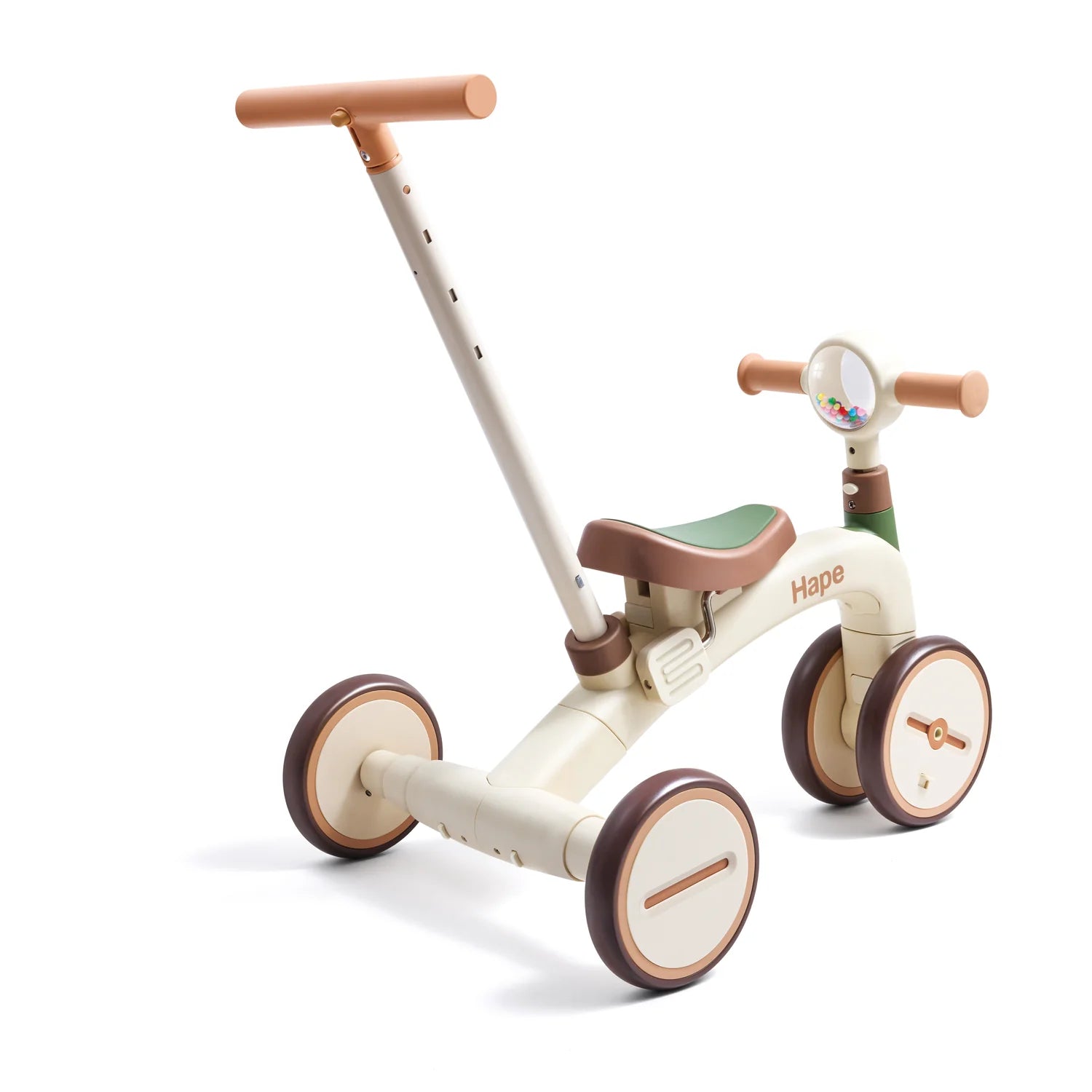 Children's tricycle with a seat and handlebar on a white background