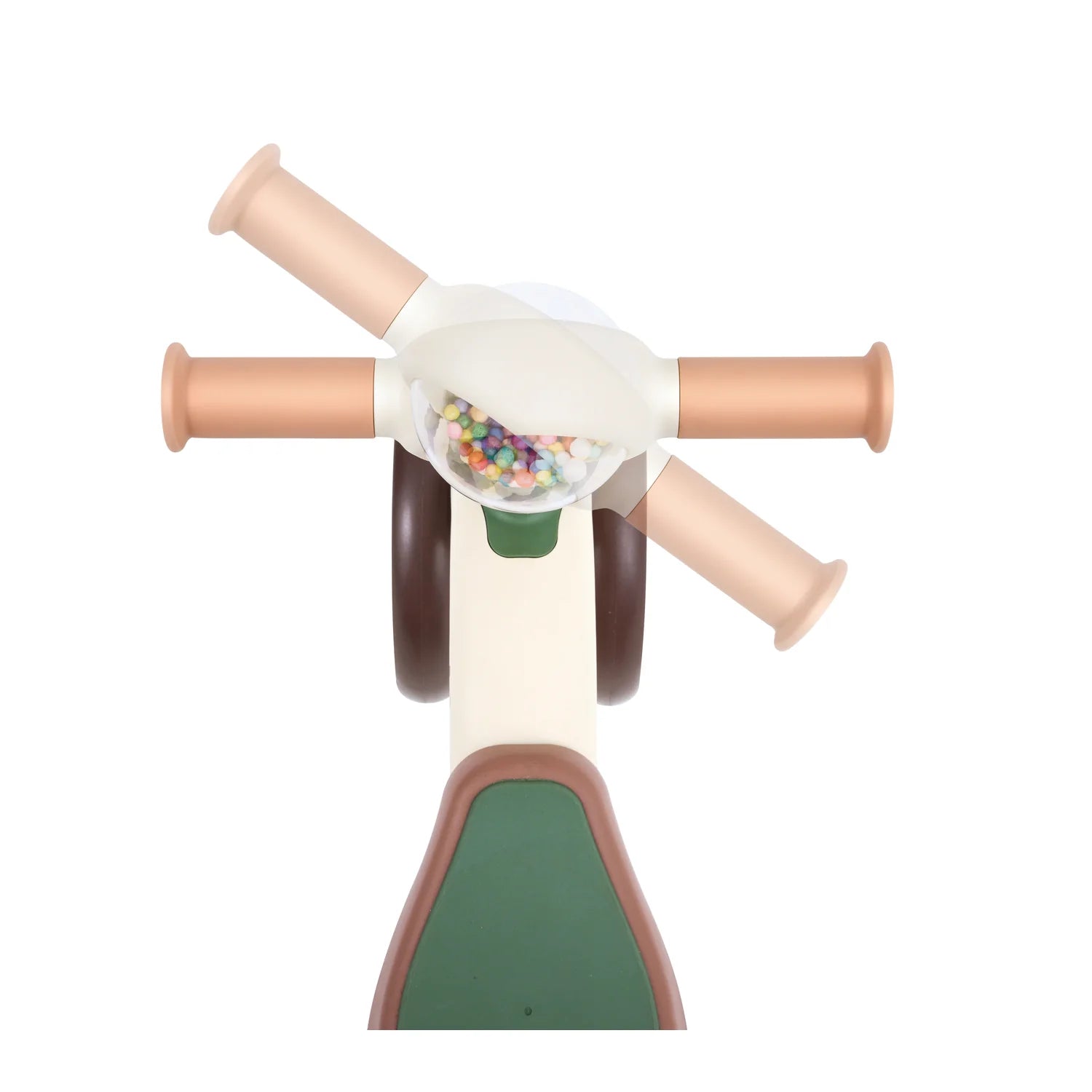 Toy with multiple cylindrical arms and a central container filled with small objects on a white background