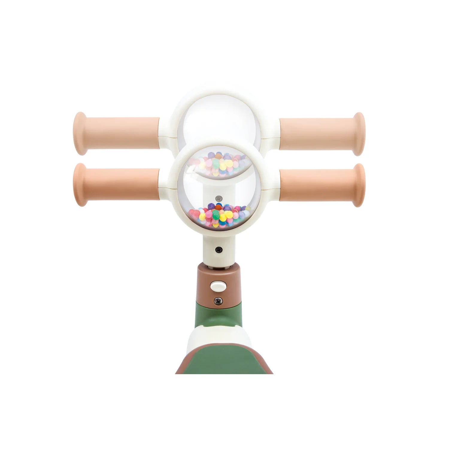 Children's scooter handlebar with pink handles and a colorful ball pit on a white background