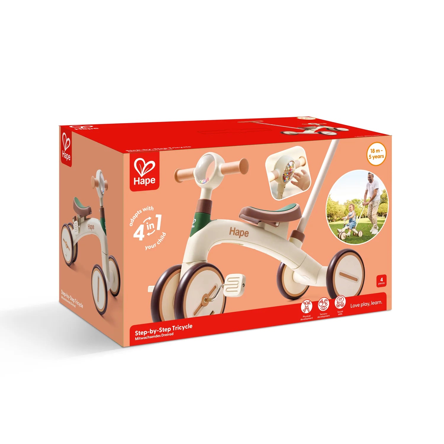 Hape step-by-step tricycle packaging on a white background