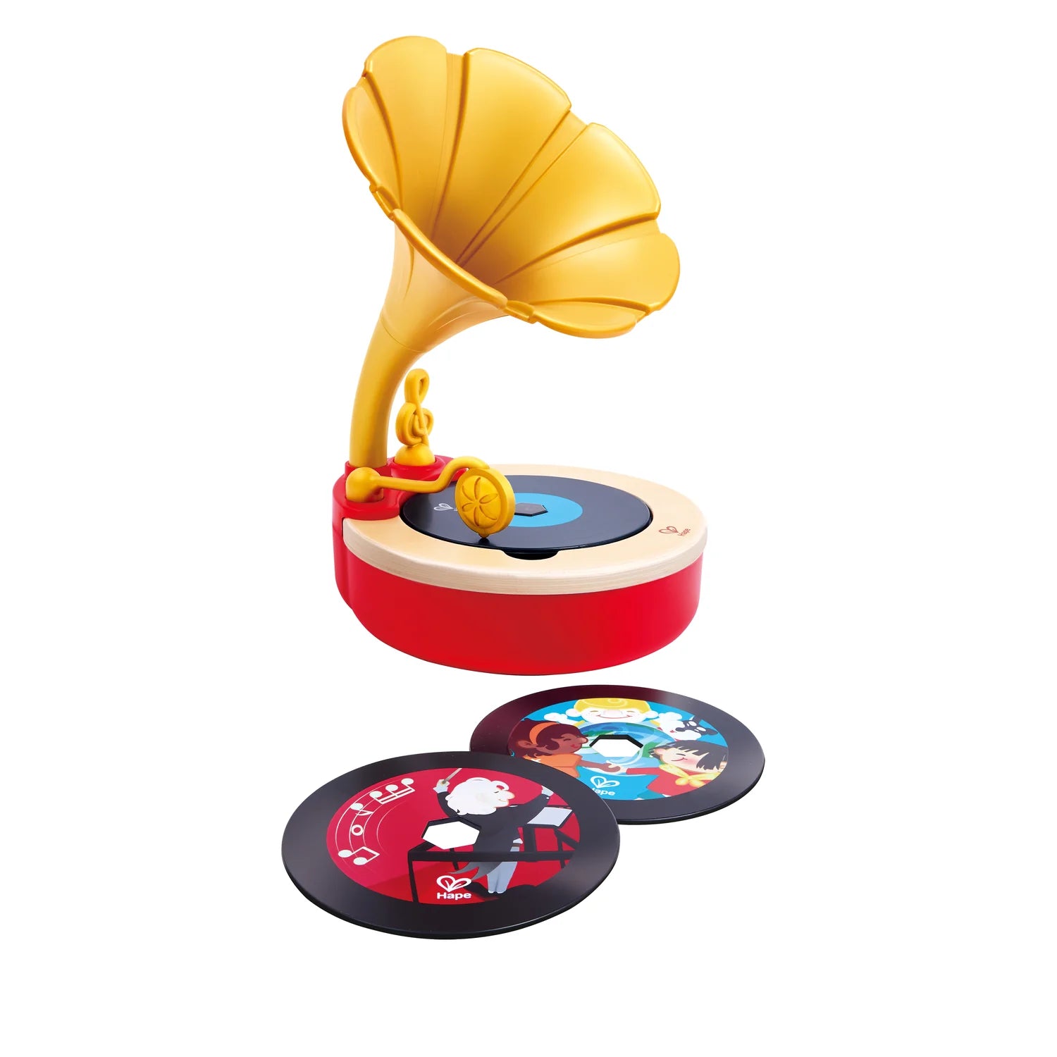 Toy gramophone with vinyl records on a white background
