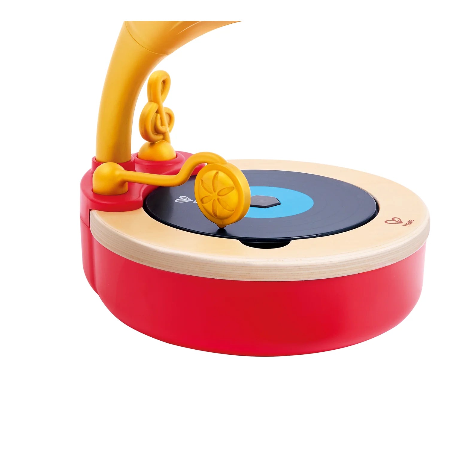 Colorful toy with a red base, yellow handle, and blue center on a white background