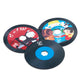 Three vinyl record coasters with colorful designs on a white background