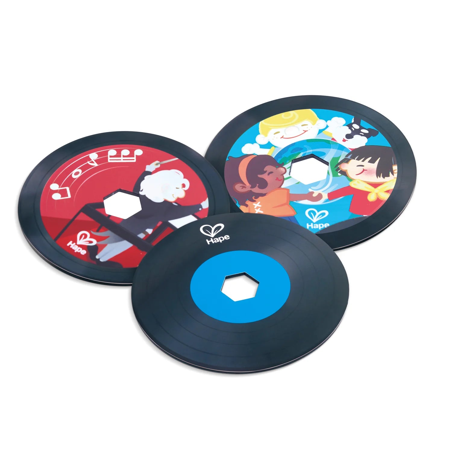 Three vinyl record coasters with colorful designs on a white background