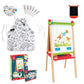 Children's art set with drawing board, markers, and apron on a white background