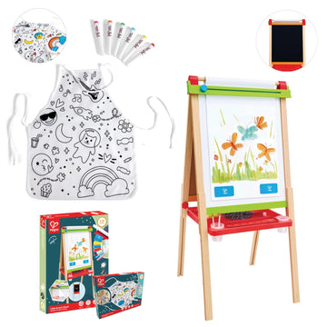 Children's art set with drawing board, markers, and apron on a white background