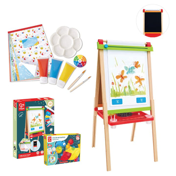 Children's art set with easel, paint supplies, and coloring book on a white background