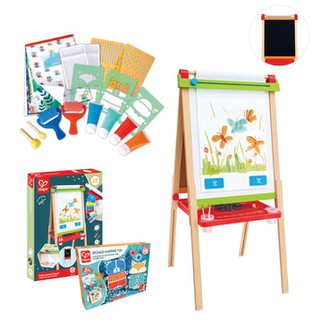 Children's art set with easel, paint supplies, and packaging on a white background
