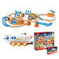Toy train set with tracks, train, and packaging on a white background