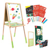 Children's art set with easel, markers, and stencils on a white background