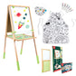 Children's art set with easel, apron, and coloring books on a white background