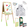 Children's art set with easel, apron, and coloring books on a white background