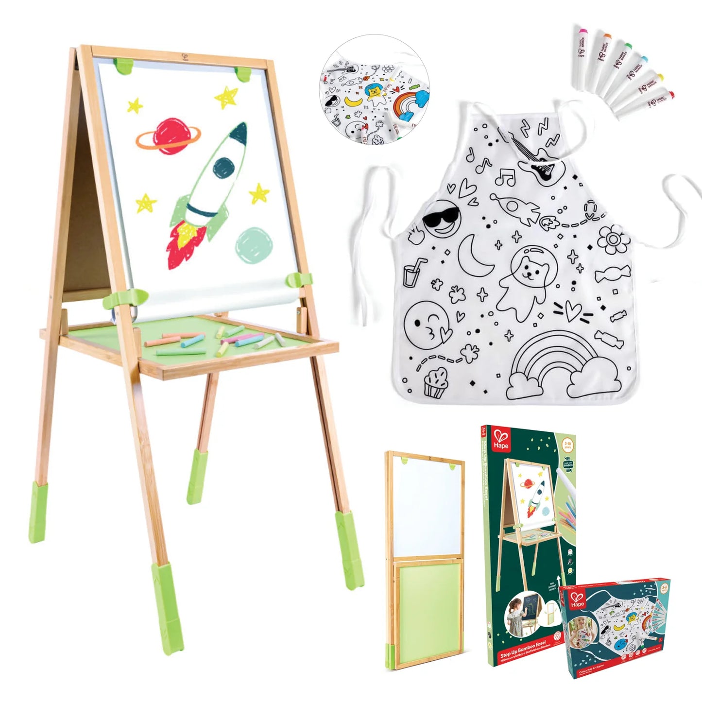 Children's art set with easel, apron, and coloring books on a white background