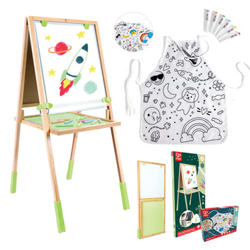 Children's art set with easel, apron, and coloring books on a white background