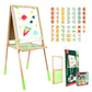 Children's art easel with whiteboard and chalkboard, magnetic numbers, and packaging on a white background