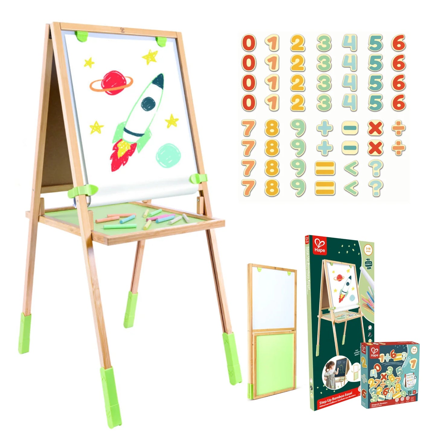 Children's art easel with whiteboard and chalkboard, magnetic numbers, and packaging on a white background