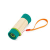A green and beige bamboo telescope with an orange wrist strap and a red detail on the lens end.