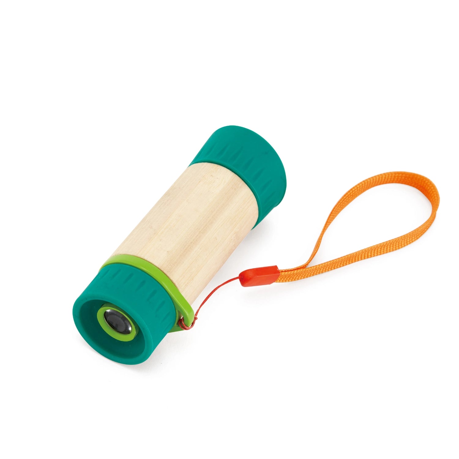 A green and beige bamboo telescope with an orange wrist strap and a red detail on the lens end.