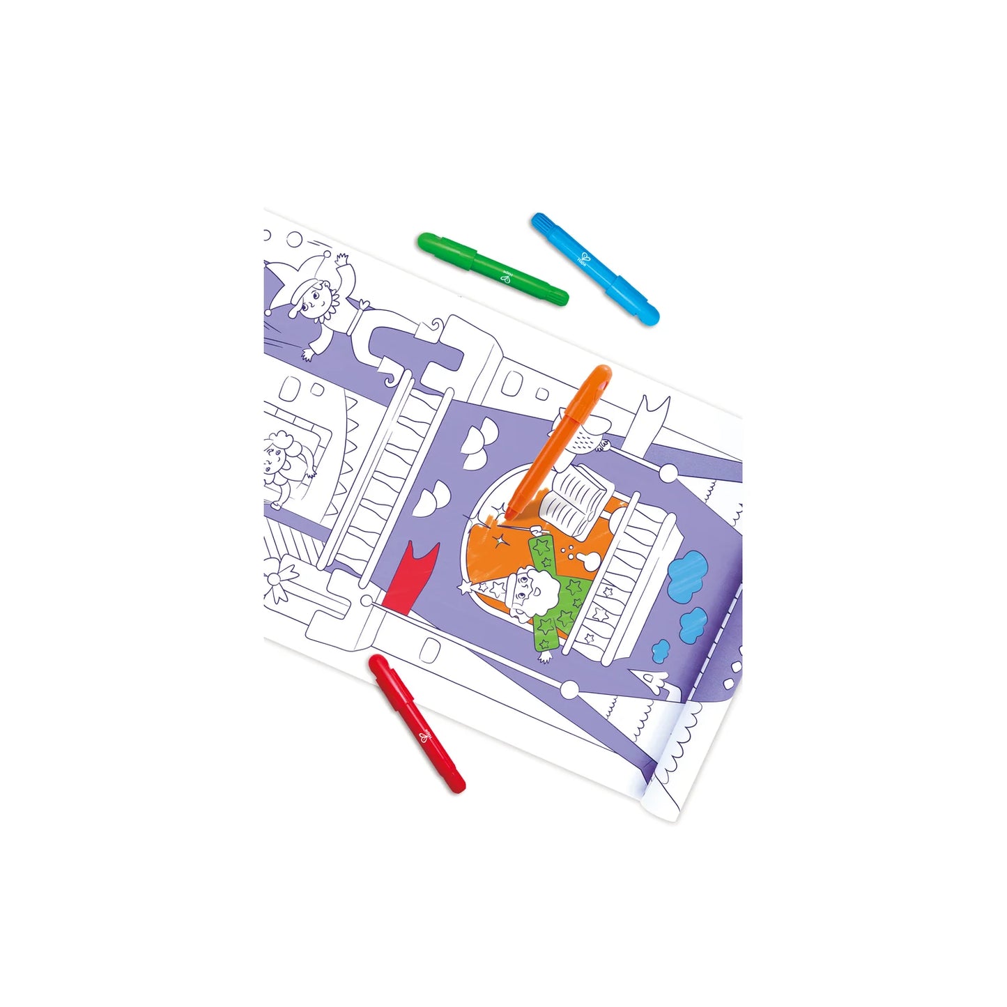 Coloring book with a map design and markers on a white background