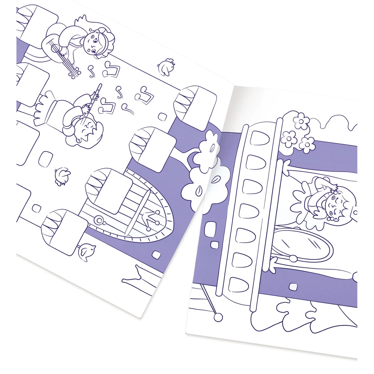 Coloring book pages with princess and castle designs on a white background