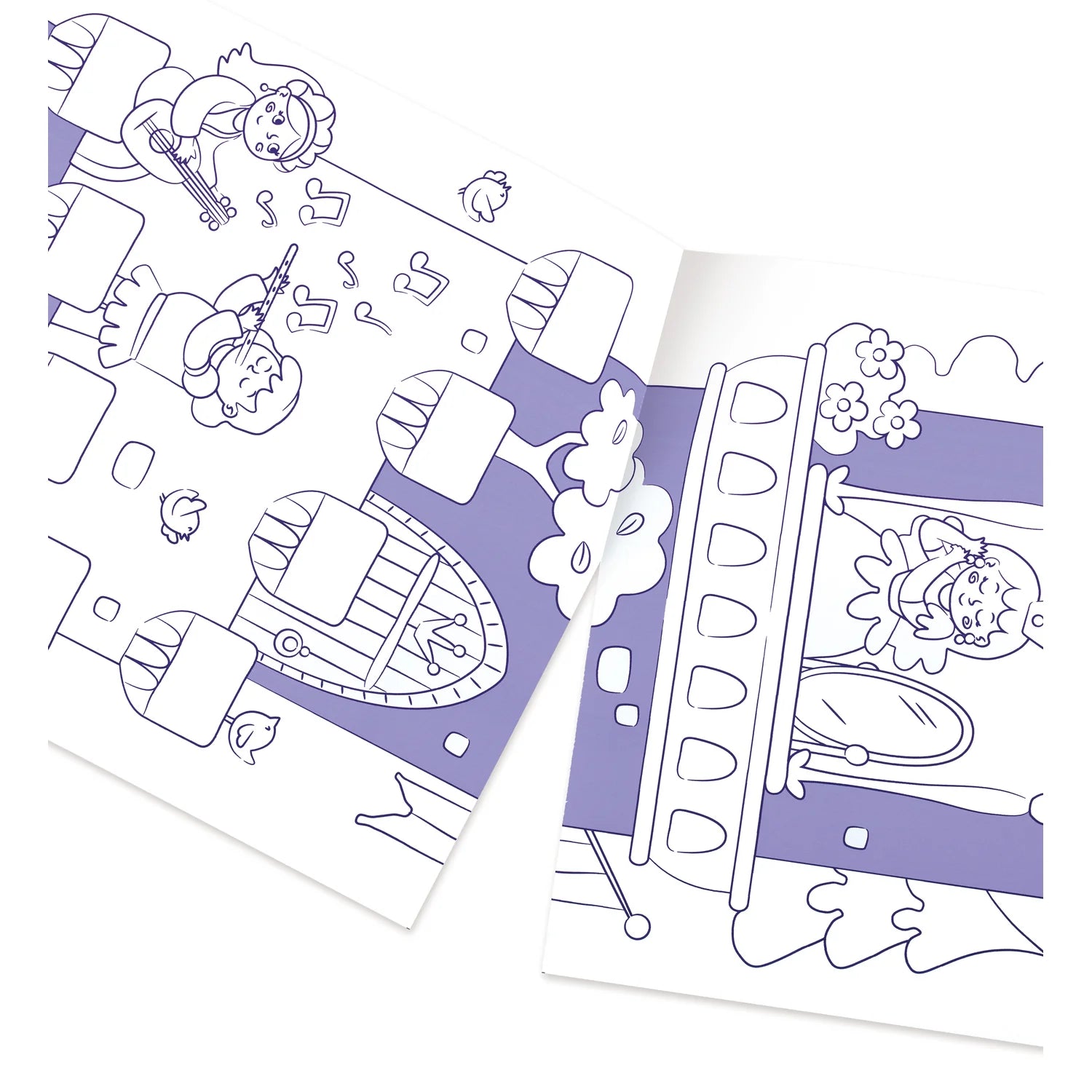 Coloring book pages with princess and castle designs on a white background