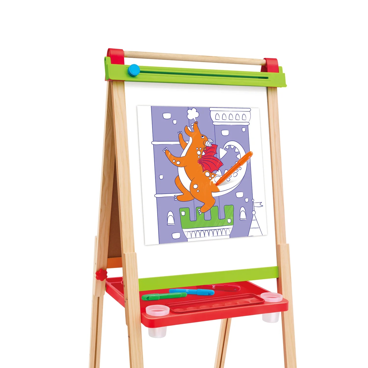 Children's art easel with a colorful drawing of a fox on a castle