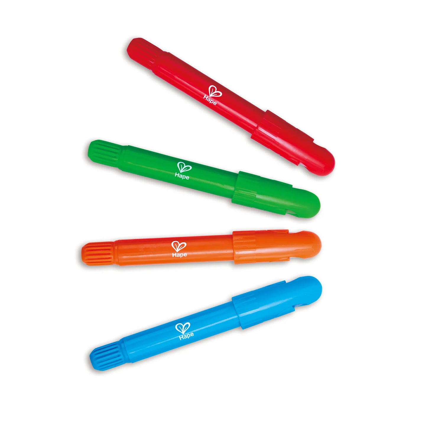 Four colorful markers (red, green, orange, blue) on a white background